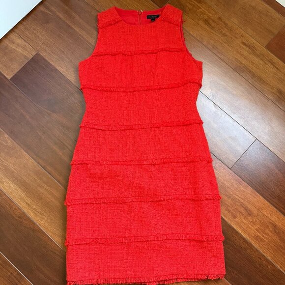 J CREW TWEED TEXTURED LINED DRESS IN HOT ORANGE W FRINGE SZ 10 - Picture 4 of 8